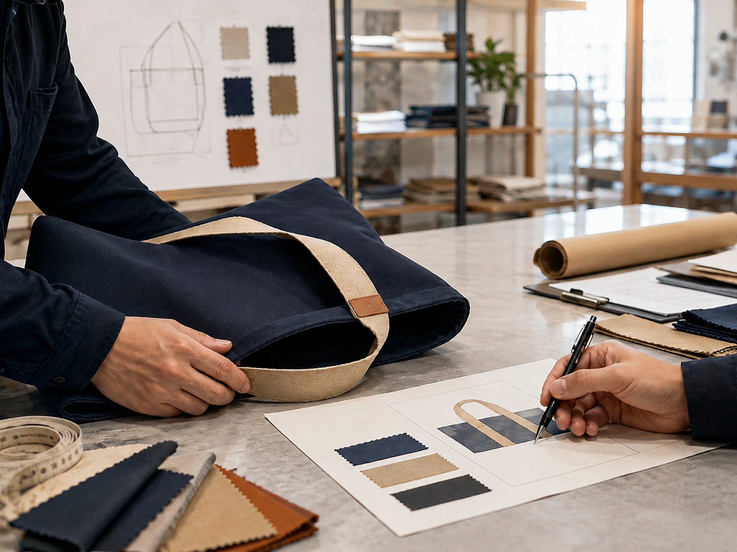 Reviewing a physical product sample and specifications with a Chinese supplier